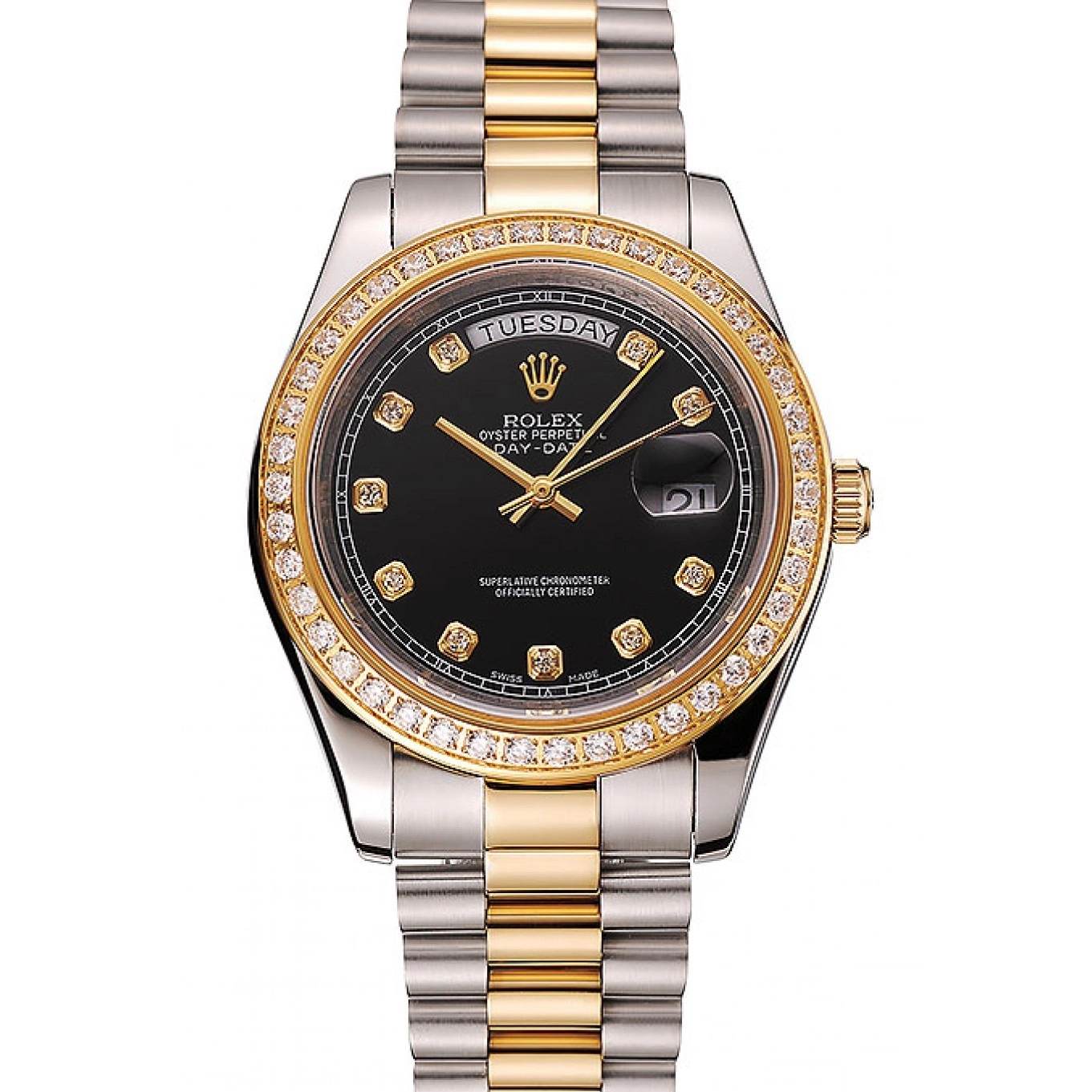 Aaa fake watches Stainless 1453975 Two Bracelet Swiss Gold Dial Steel Tone Case Day-Date Rolex Diamond Black 0806